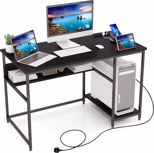 Costway Modern Computer Desk with Power Outlet and Shelf in Black – 1