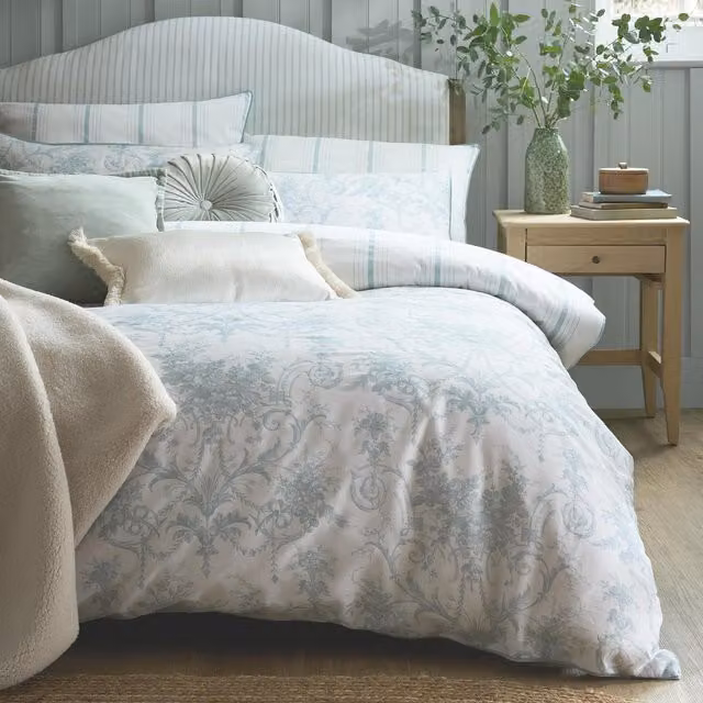 Laura Ashley Tuileries Seaspray Blue Cotton Mako Satin Duvet Cover and Pillowcase Set