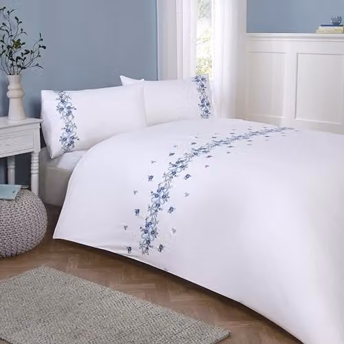 Rapport Home Floral Ribbon Polycotton Duvet Cover and Pillowcase Set in White, W/D/H: 200 x 200 cm with 50 x 75 cm Pillowcase – 1