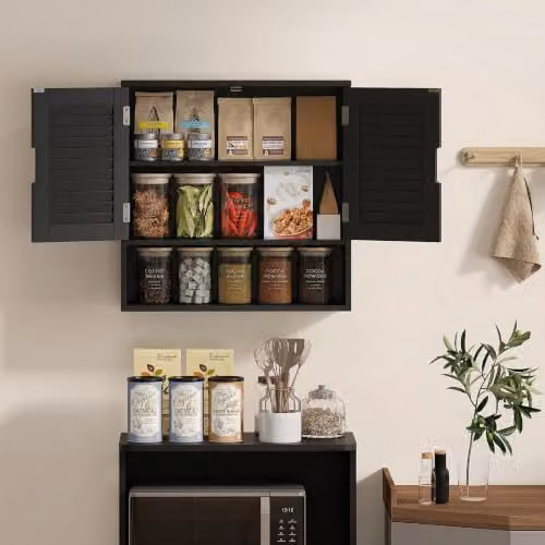 HOMCOM Modern Black Wall Mounted Bathroom Cabinet with Hinged Doors and Internal Shelves, W: 60 cm, D: 20 cm, H: 60 cm – 5