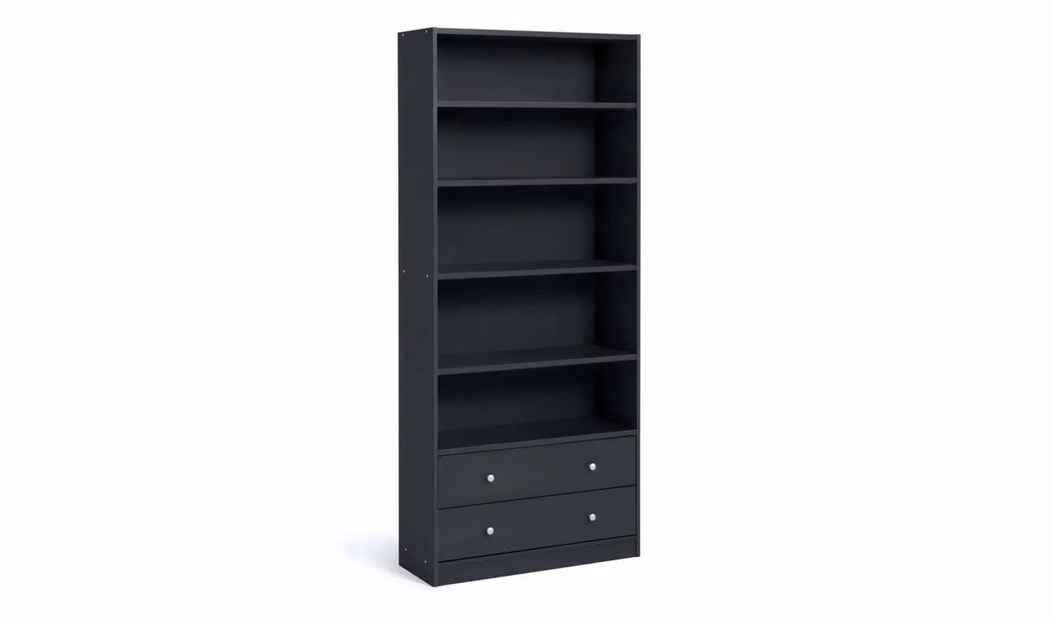 Cheap Furniture Warehouse Maine 2 Drawer Bookcase Black Ash Effect Storage Organiser with Adjustable Shelves, H 180.0 cm x W 78.0 cm x D 29.0 cm