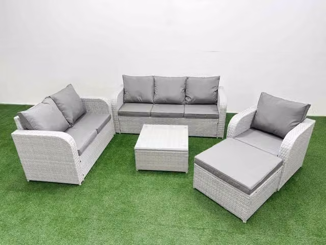 Fimous Patio 7 Seater Grey Rattan Outdoor Furniture Set with 3 Seater Sofa, Loveseat, Reclining Chairs, Footstool and Square Coffee Table