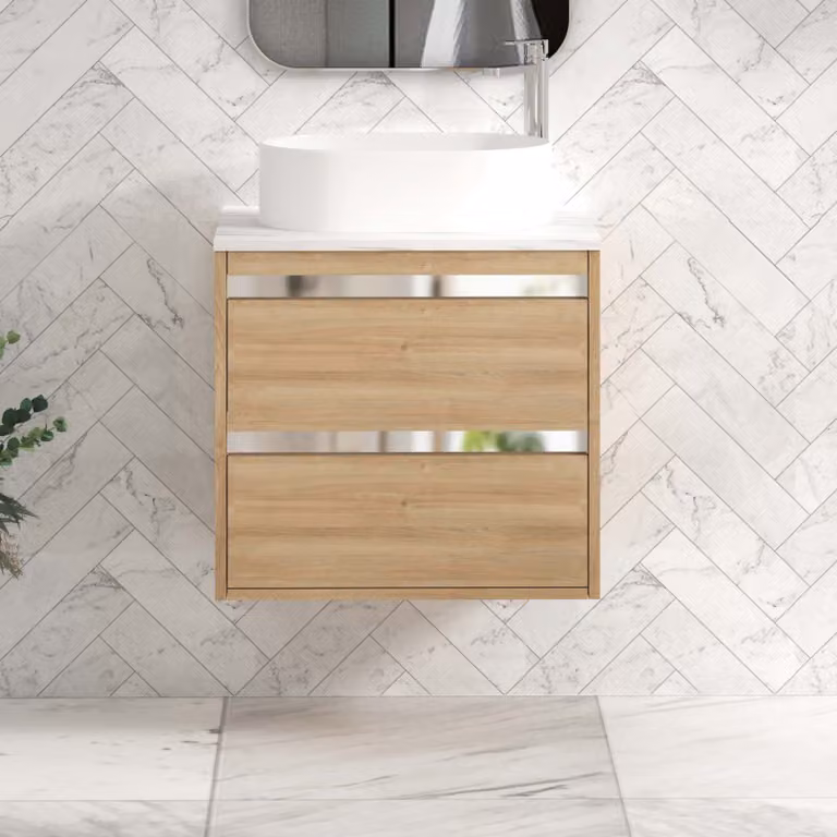 Royal Bathrooms Orion 800mm Natural Oak Wall Hung 2 Drawer Vanity Unit with Peak Basin and Chrome Accent Trim