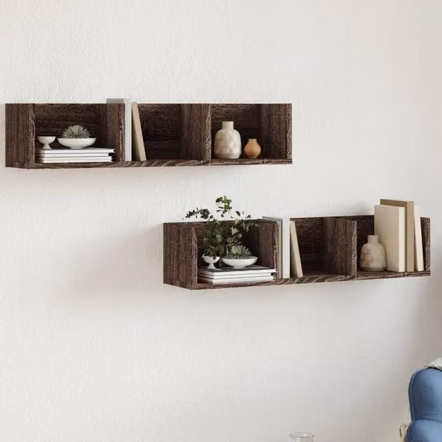Berkfield Home Set of 2 Wall Mounted Cabinets in Brown Oak, W: 75 cm, H: 18 cm, D: 16.5 cm – 1