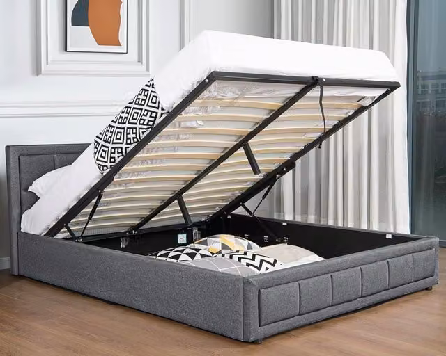 Modernique Grey Fabric Ottoman Storage Bed with Gas Lift Base, W/D/H: 180 x 200 x 158 cm