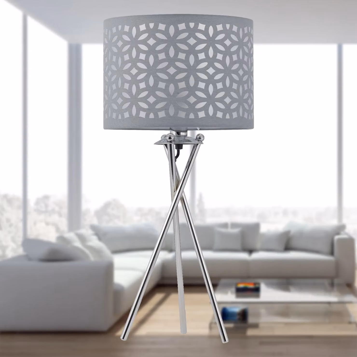 First Choice Lighting Grey Laser Cut Round Fabric Pendant Lightshade, Diameter: 25 cm – 3
