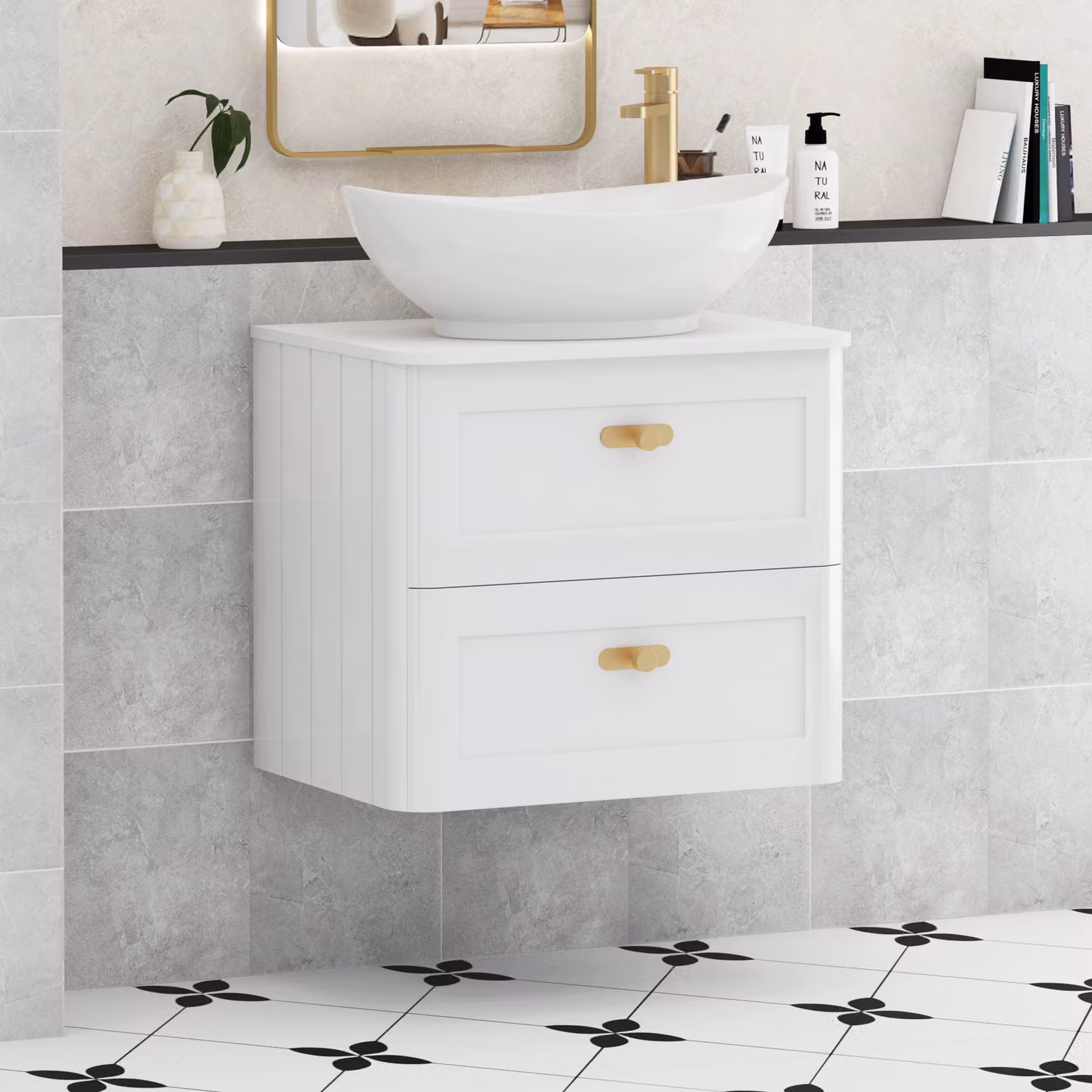 Royal Bathrooms Henley 600mm Gloss White Wall Hung Vanity Unit with Amaze Basin and Brushed Brass Knob