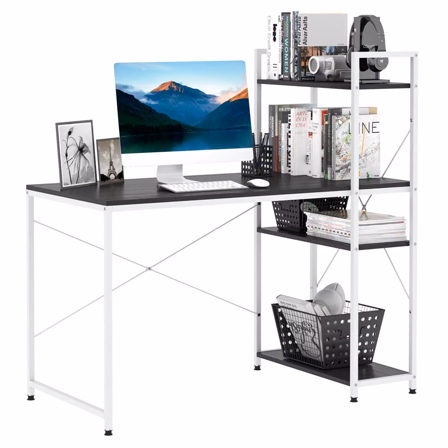 HOMCOM Modern Computer Desk and Laptop Table with 4-Tier Bookshelf and Metal Frame in Black – 2