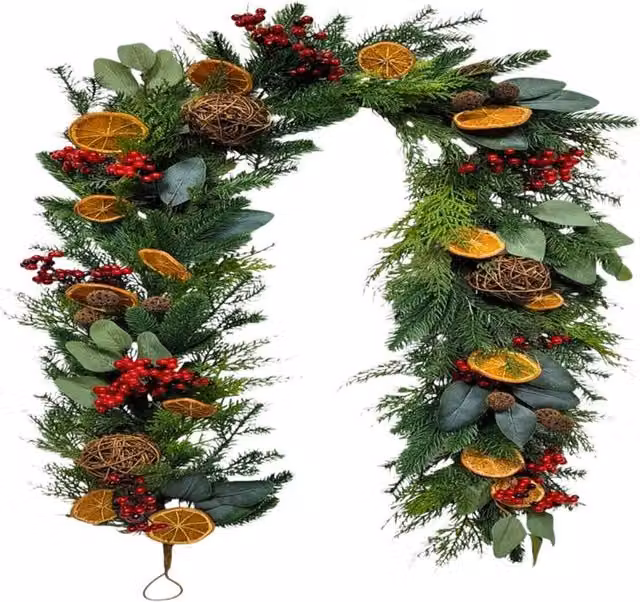 Shatchi 1.8m Rustic Christmas Garland with Eucalyptus Foliage, Orange and Berry Decorations in Red, Orange and Green – 9