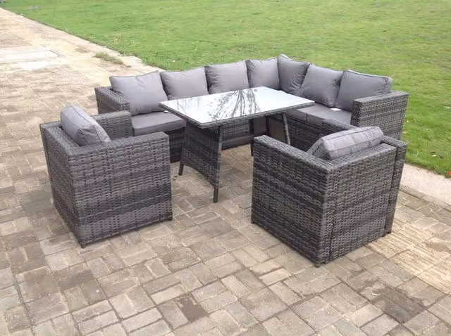 Fimous Rattan Corner Sofa Set with 2 Chairs and Dining Table, Right Hand, Dark Grey