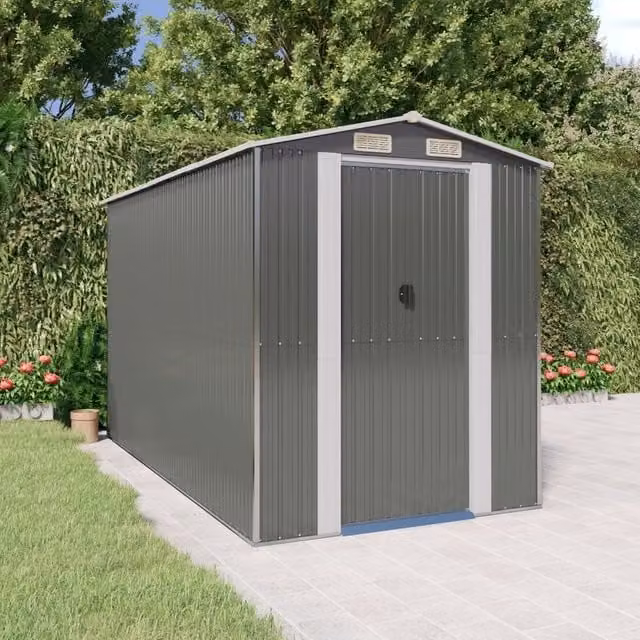 Berkfield Home Galvanised Steel Garden Shed in Light Grey, W/D/H: 192 x 357 x 223 cm