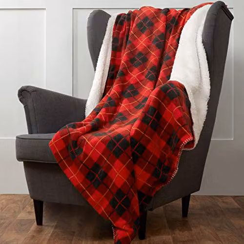 Dreamscene Red and White Tartan Check Sherpa Reversible Fleece Throw Blanket, W/D/H: 150 x 180 cm – 5