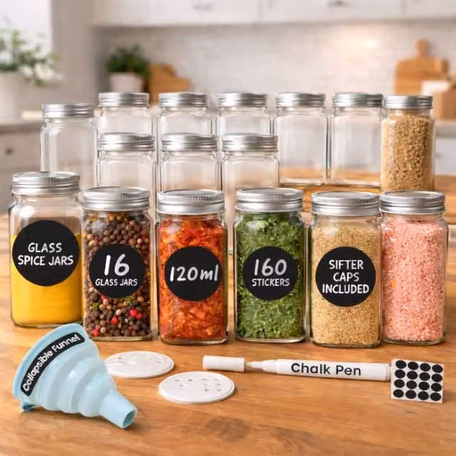 Volila 16-Pack Clear Glass Spice Jar Set with Lids, Labels and Funnel, 120ml per Jar