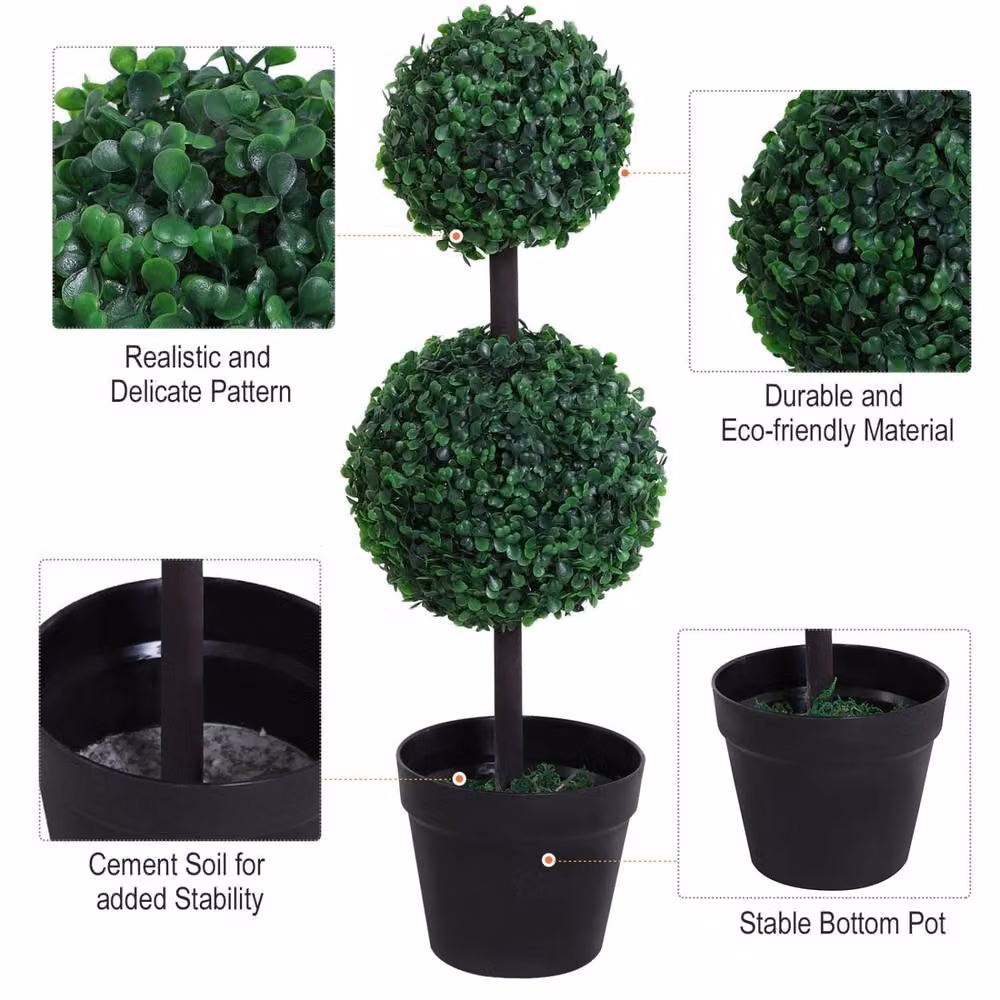 Wyld Haus Tonami Set of 2 Green Artificial Boxwood Ball Topiary Trees in Black Pots – 9