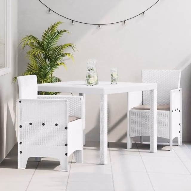Berkfield Home 3 Piece White Poly Rattan Garden Dining Set with Cushions – 1