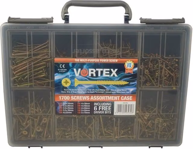 Vortex High-Performance Galvanised Woodscrews, Assorted, 1700 Pieces, Yellow Box of 4