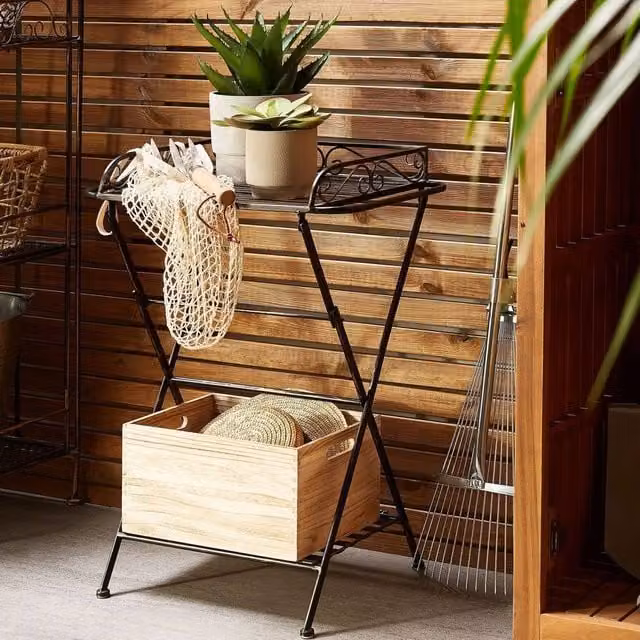 Wyld and Coco Black Metal Side Table with Folding Rectangular Top and Shelf, W/D/H: 40 x 40 x 73 cm – 1