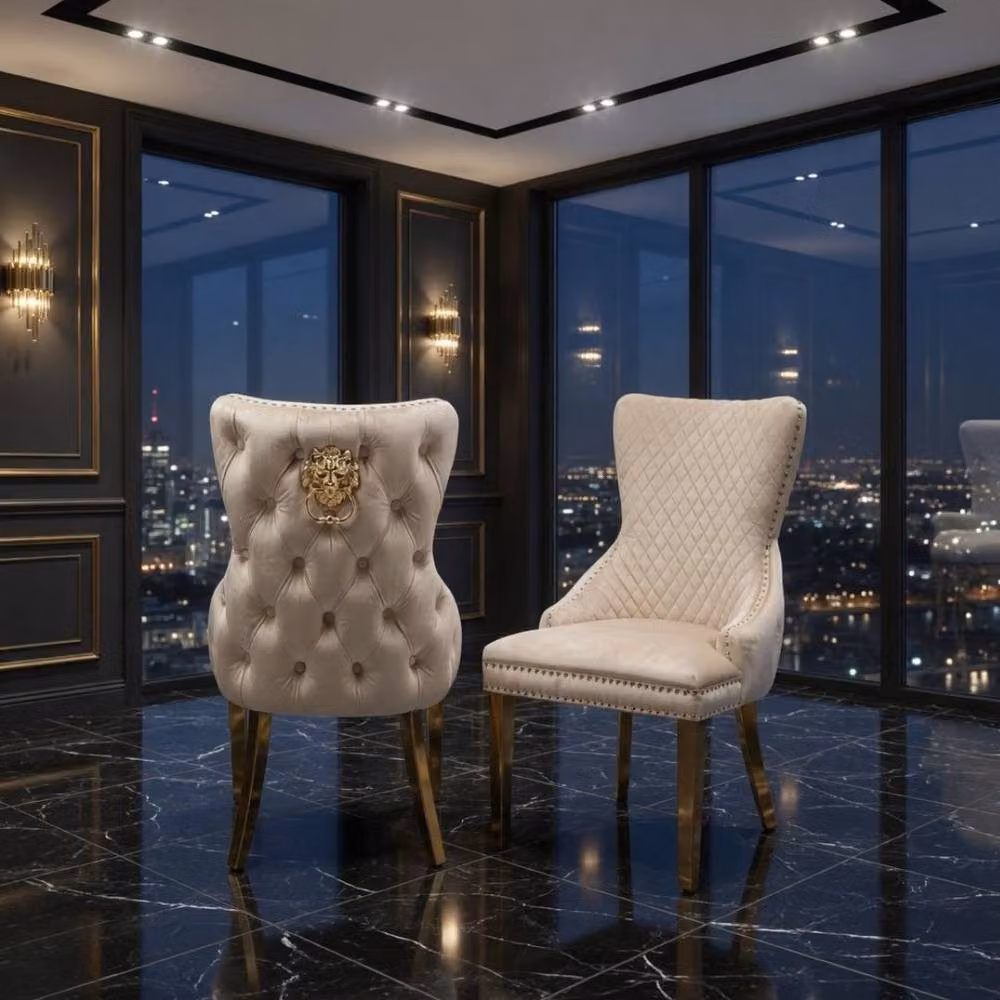 Home Luxe Interior Set of 2 Mink Victoria Dining Chairs in Beige Velvet with Gold Metal Legs – 2