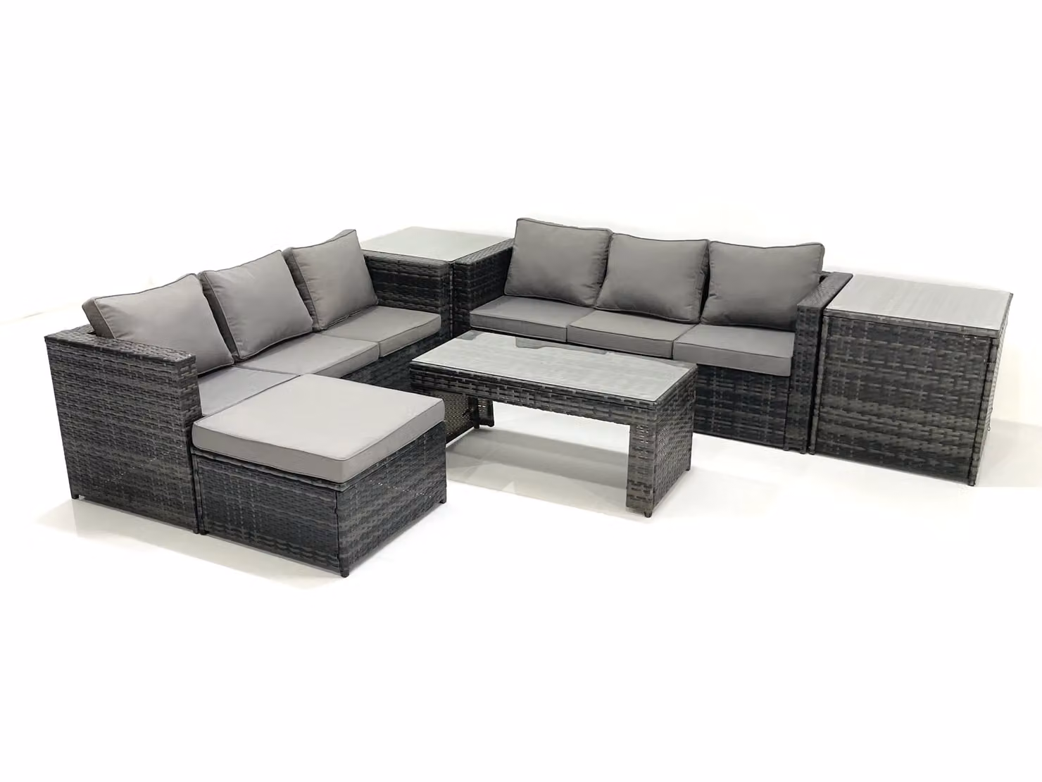 Fimous Garden Outdoor Rattan Furniture Set in Dark Grey with Sofa, Coffee Table, Footstool and 2 Side Tables – 2