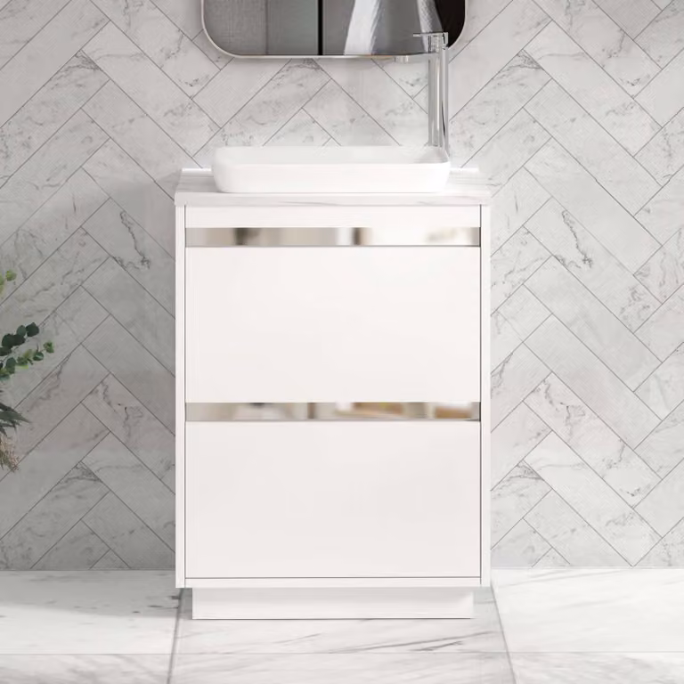 Royal Bathrooms Orion 600mm Matt White Floor Standing 2 Drawer Vanity Unit with Qubix Basin and Chrome Accent Trim