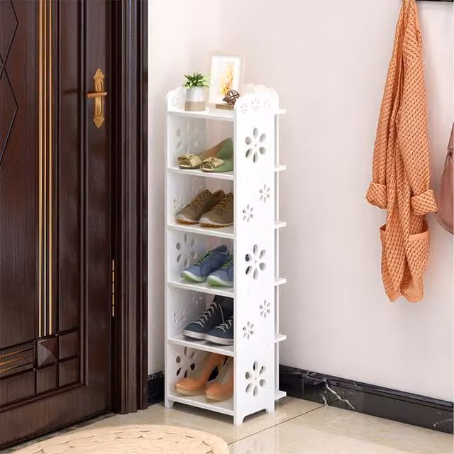 Garden Sanctuary White Floral Open Shoe Rack with Back Panel, Height: 81 cm