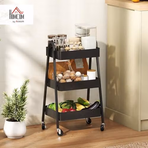 HOMCOM 3-Tier Metal Utility Storage Trolley with Wheels and Handles, Black – 2