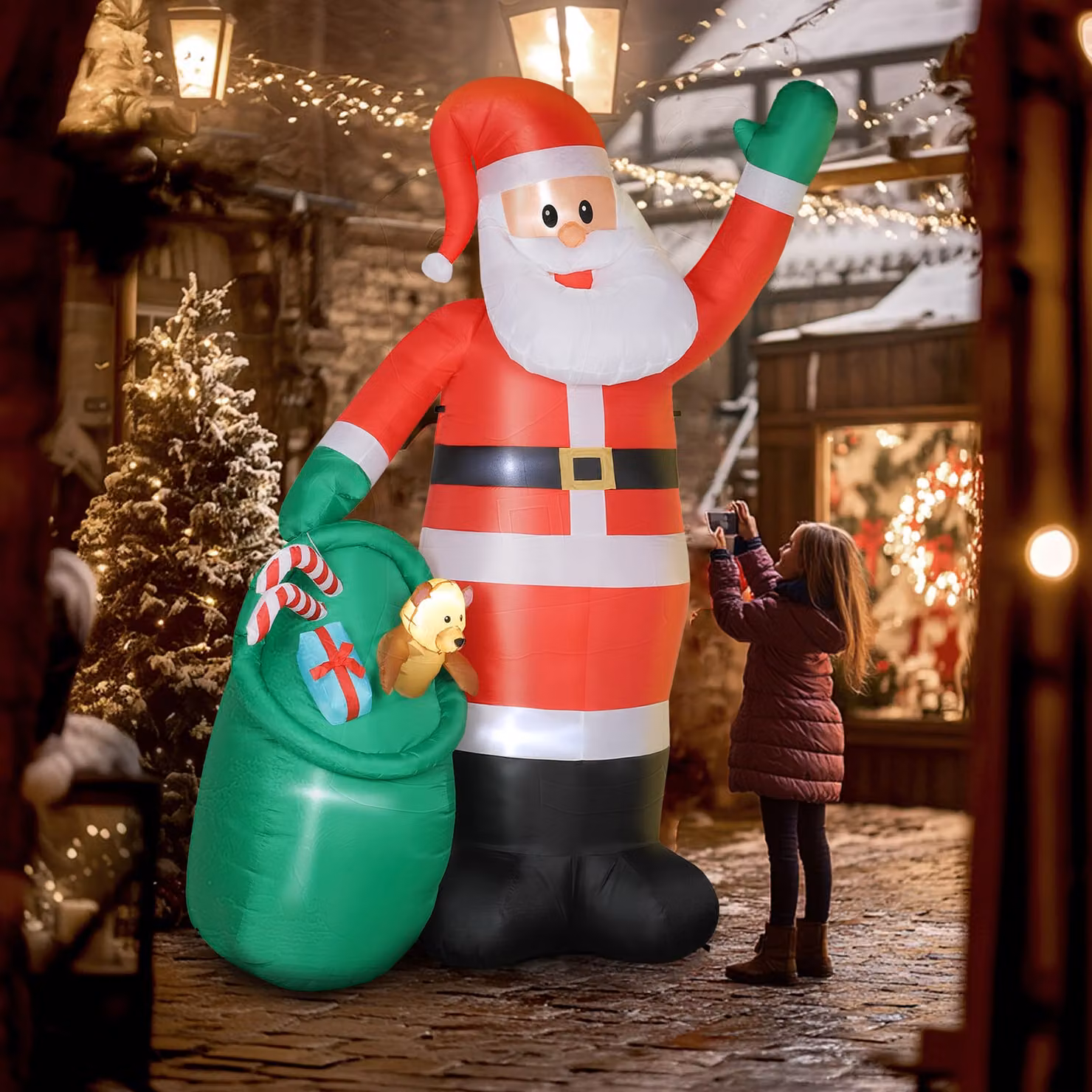 Outsunny 275 cm Inflatable Christmas Santa with Bear Sack and Built-in LED Lights in Red – 8