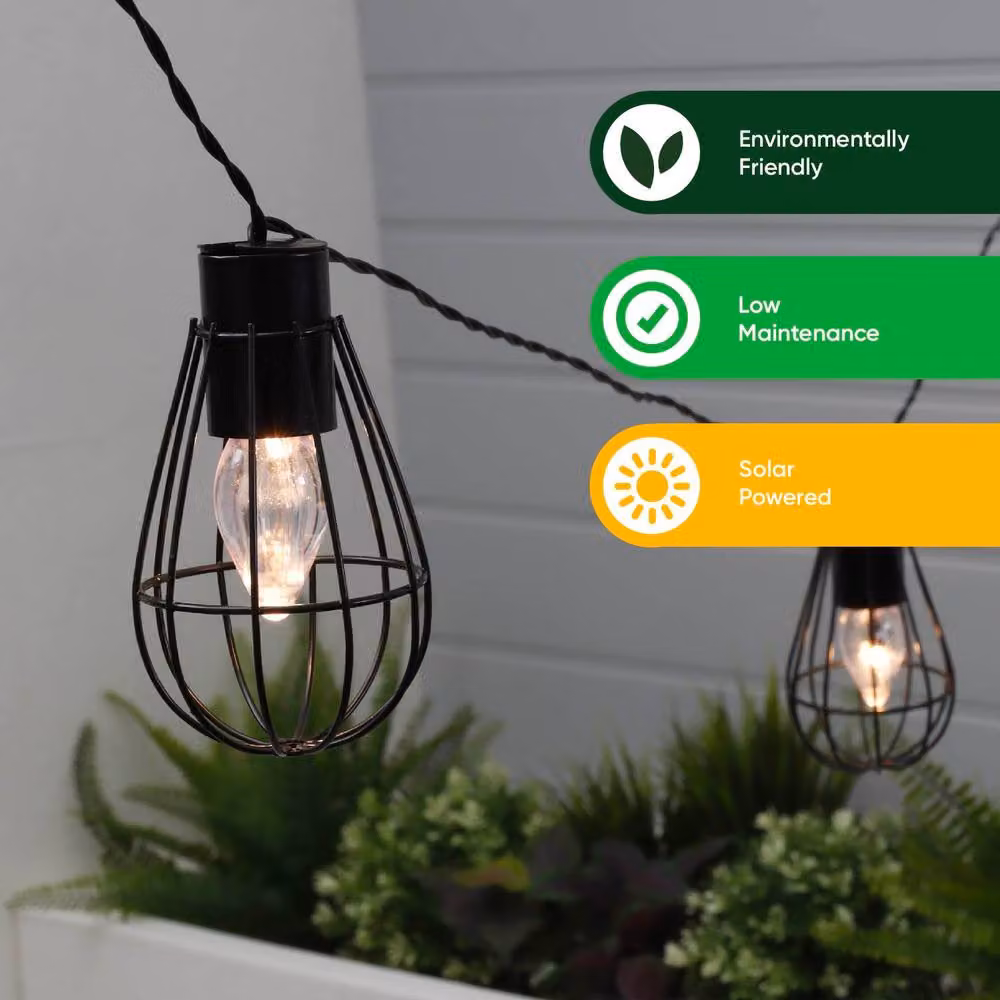 Gardenwize Solar LED String Lights with 8 Warm White Metal Bulbs in Black – 2