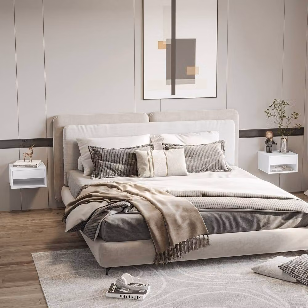 STILVORA Set of 2 Wall Mounted Bedside Tables with Drawer, White – 1