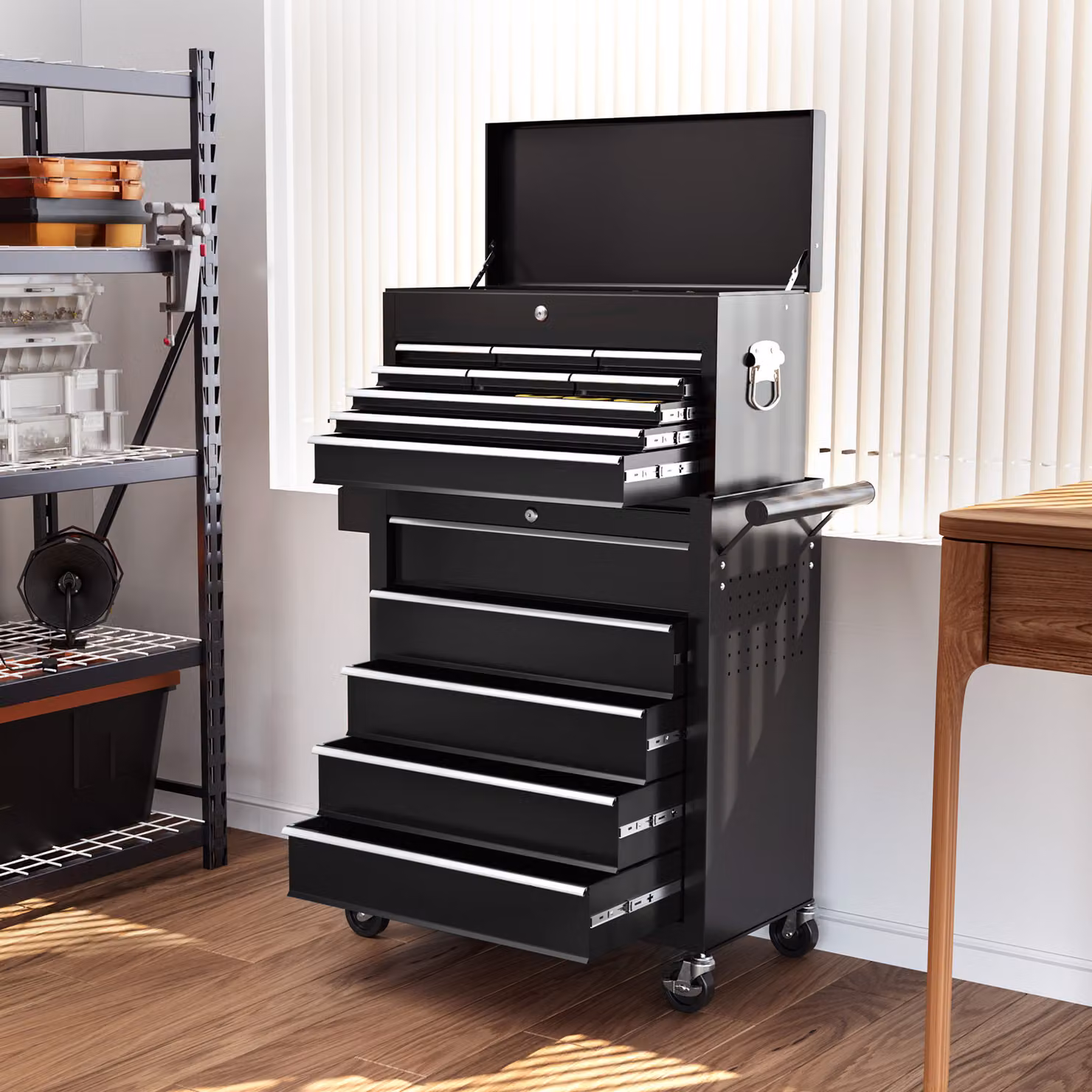 HOMCOM Rolling Tool Cabinet with 14 Drawers, Pegboard, Side Rack and Lockable Top Chest in Black Steel – 8