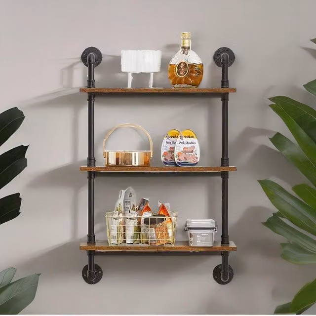 Rafaelo Mobilia Industrial Pipe Wall-Mounted 3 Tier Floating Shelves in Dark Brown, W/D/H: 96.5 x 20.0 x 61.5 cm