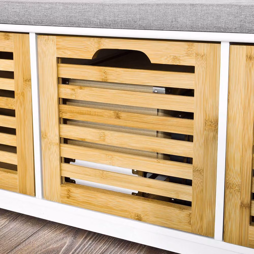 SoBuy Scandinavian Style Slim Entrance Bench with 3-Compartment Storage in White and Grey – 3