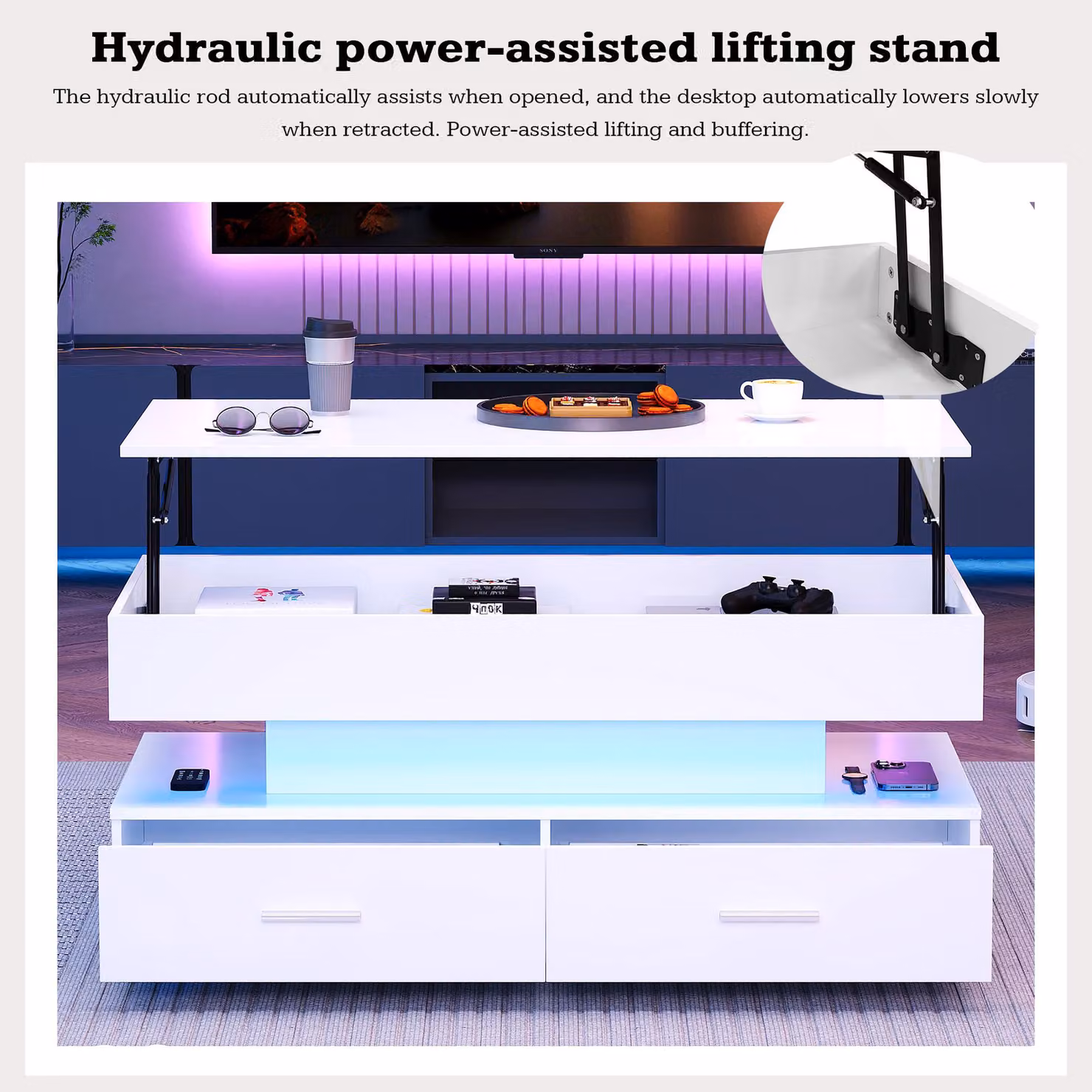 Aosom.UK White Hydraulic Lift Top Coffee Table with LED Lighting and 2 Drawers, W: 100 cm, D: 50 cm, H: 44 cm – 5