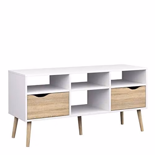 Furniture To Go Oslo Wide TV Unit with 2 Drawers and 4 Shelves in White and Oak, W/D/H: 117.2 x 39.1 x 57.4 cm – 1