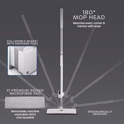 Swan Elevate Self-Wringing Flat Mop and Space Saving Folding Bucket Set with Microfibre Pad, White SWFC2012WHTN – 4