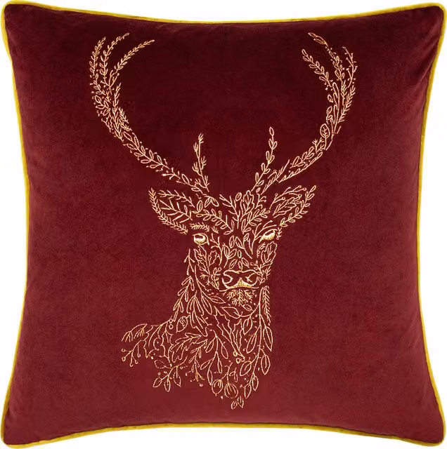 Make it a Home Forest Fauna Stag Velvet Piped Cushion in Burgundy and Gold with Feather Filling
