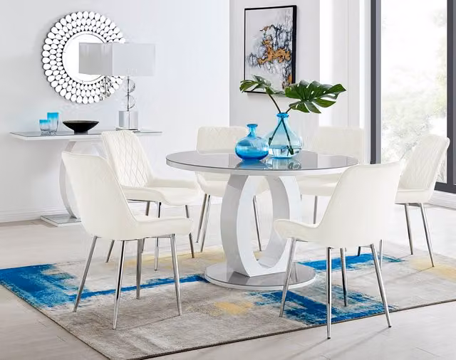 FurnitureboxUK Giovani Round Grey Glass Dining Table with 6 Cream Pesaro Silver Leg Chairs
