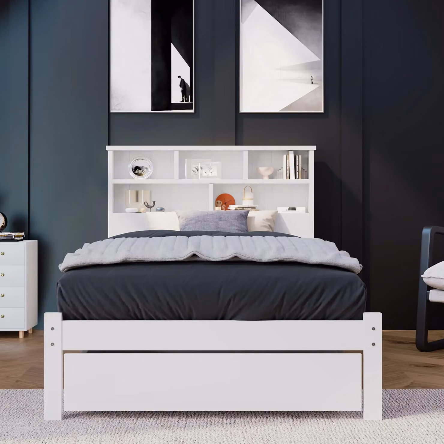 HomeTouch Solid Wood Single Bed Frame with Storage Headboard and Side Compartments, White, W/D/H: 100 x 200 cm – 2