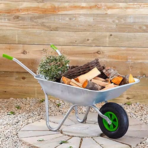 Neo Galvanised Metal Home Garden Cart Wheelbarrow with Pneumatic Tyre, Silver (65L) – 2