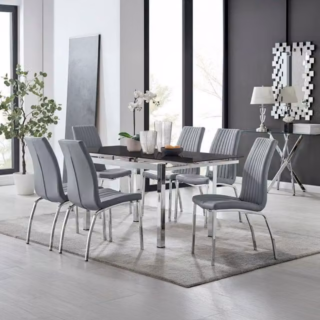 Furniturebox Enna Black Glass Extending Dining Table and 6 Isco Chairs in Grey