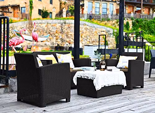 Centurion Supports SANTANA 4-Seater PE Rattan Garden Furniture and Coffee Table Set with Cushions in Black – 1