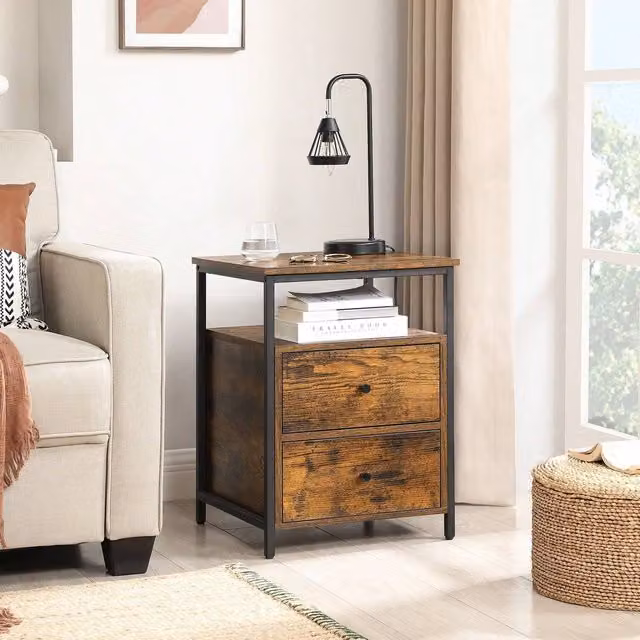 VASAGLE Industrial Bedside Table with Drawers and Compartment in Brown and Black