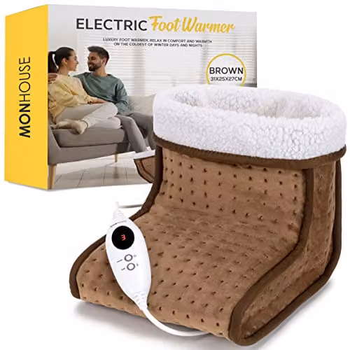 MONHOUSE Electric Foot Warmer in Brown with Rapid Heat Up and Auto Shut Off Protection