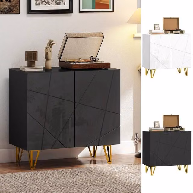 FORGEVIO Glossy Modern Freestanding Storage Cabinet with 2 Doors and Adjustable Shelf in Gold and Multicolour – 1