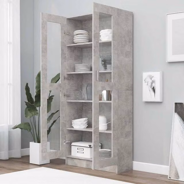 Berkfield Home Modern Vitrine Cabinet in Concrete Grey with Glass Doors, W/D/H: 82.5 x 30.5 x 185.5 cm