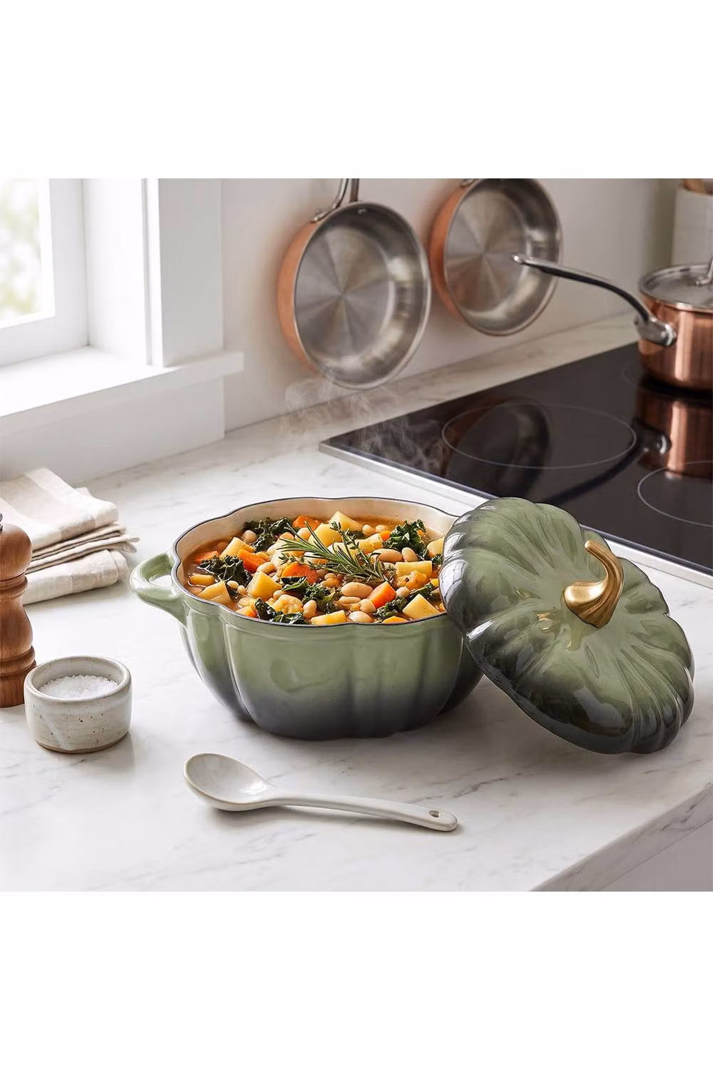 Living and Home Enamelled Cast Iron Pumpkin Dutch Oven with Lid and Handles in Green – 2