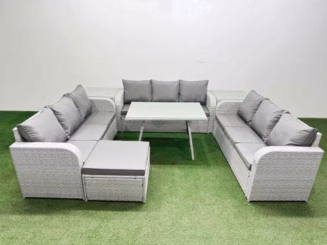 Fimous 10 Seat PE Rattan Garden Furniture Set with 2 Side Tables and Large Stool in Light Grey
