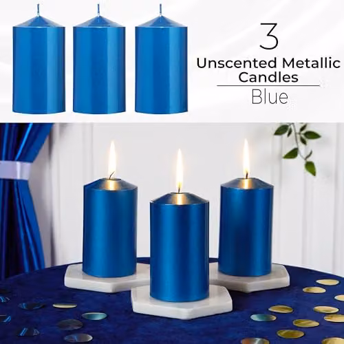 Deco Express Unscented Pillar Candle Set, Pack of 3, Metallic Blue – 2