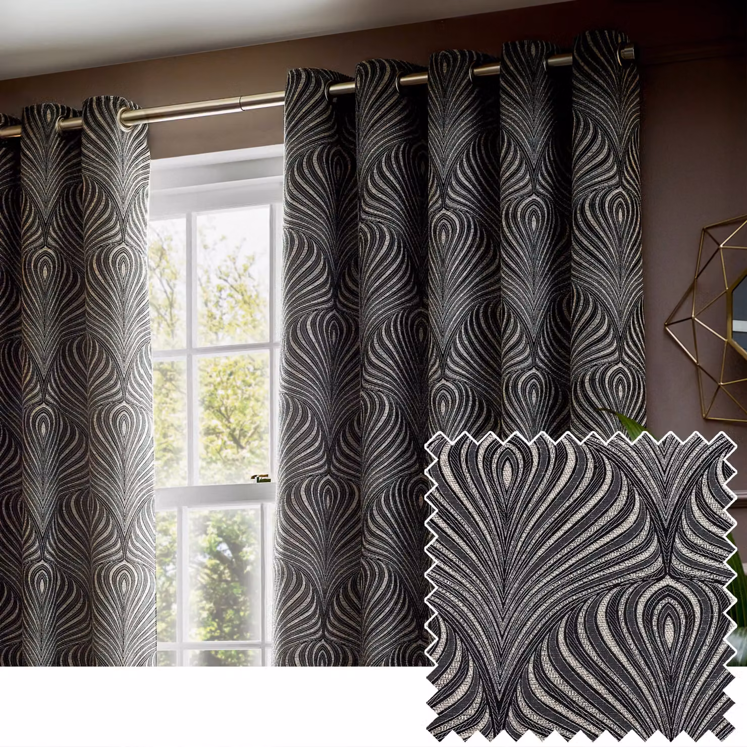 Paoletti Gatsby Art Deco Jacquard Eyelet Curtains in Black and Gold, Width: 168 cm, Drop: 183 cm – 3