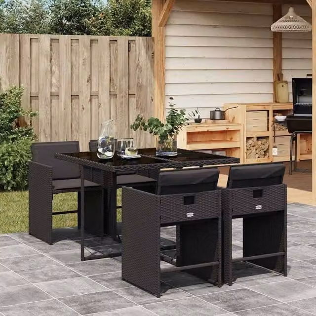 Berkfield Modern 4-Seater Black Polyrattan Garden Dining Set with Folding Glass Top